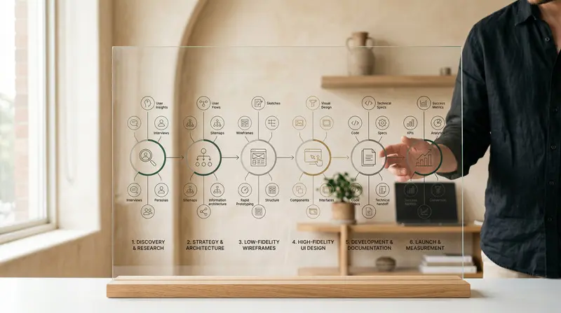 Diagrama estructurado del proceso de diseño que muestra la evolución desde investigación y wireframes hasta documentación técnica y métricas de éxito en un entorno cálido y minimalista.