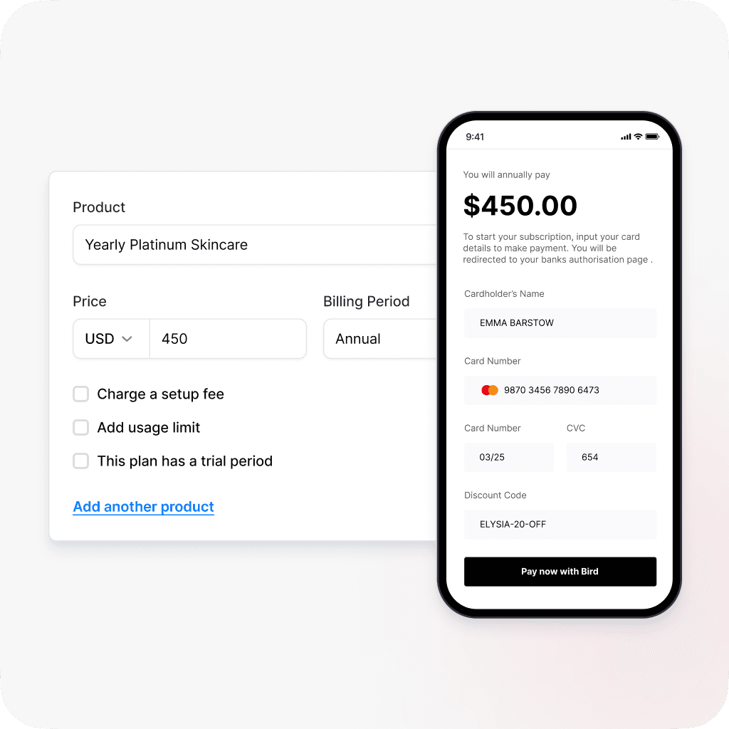 Mobile view of a checkout page for Yearly Platinum Skincare subscription at $450 with fields for card information and a discount code.