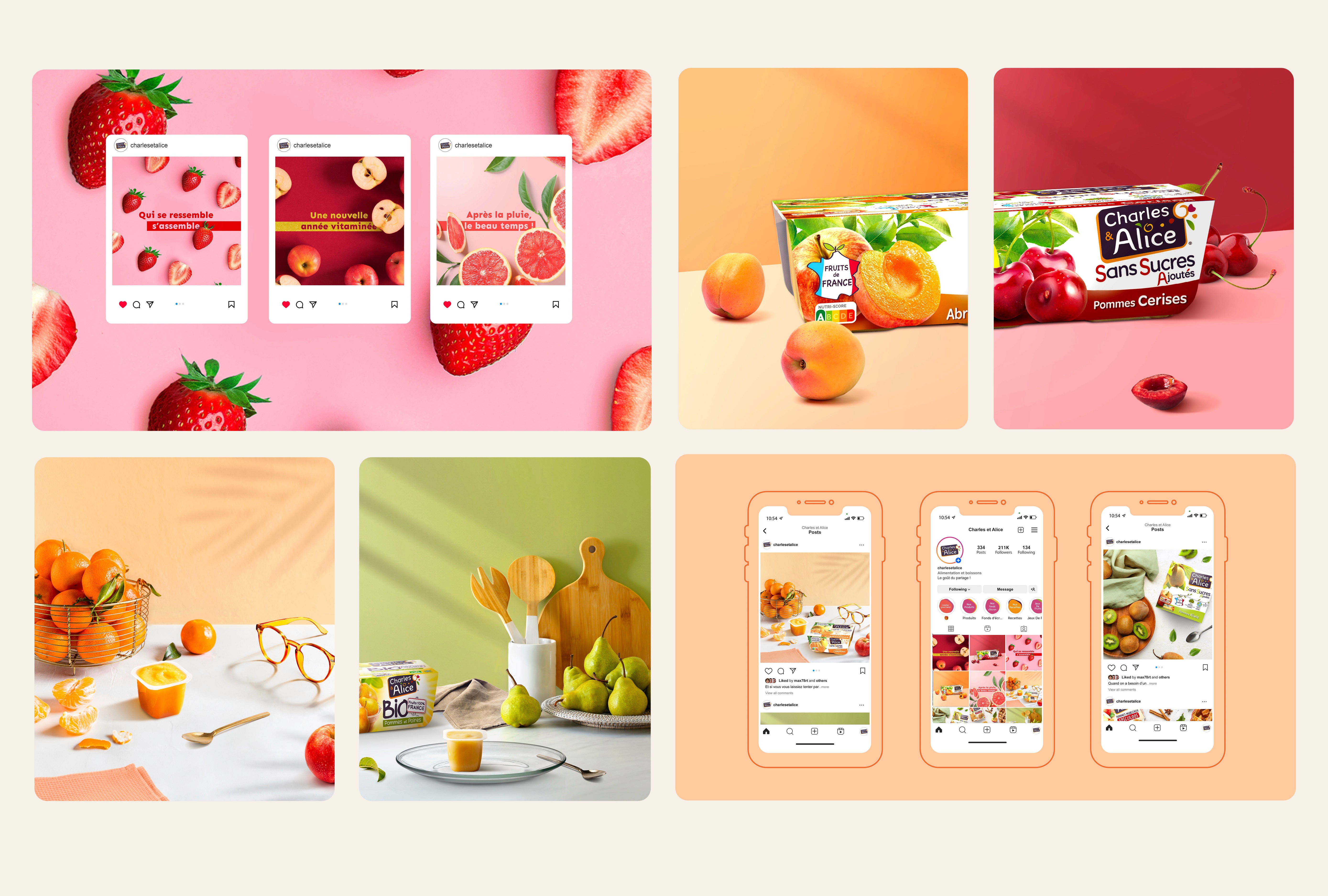 Identité visuelle et direction artistique pour réseaux sociaux Charles et Alice, marque de desserts par Madora Studio