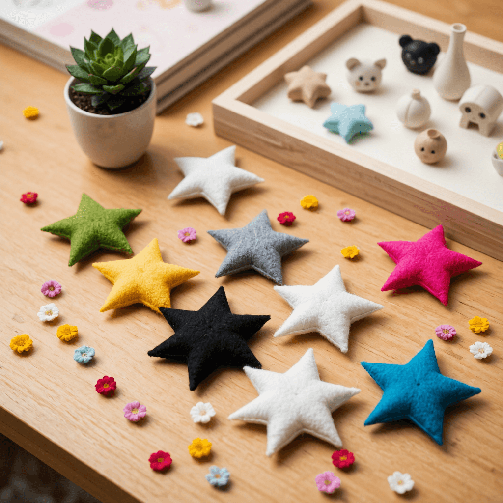 product photography of A collection of felt star shapes