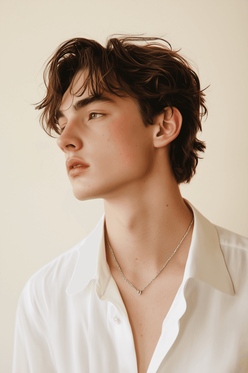 Portrait of a young man with wavy brown hair looking to the side, wearing an open white shirt and a silver necklace.