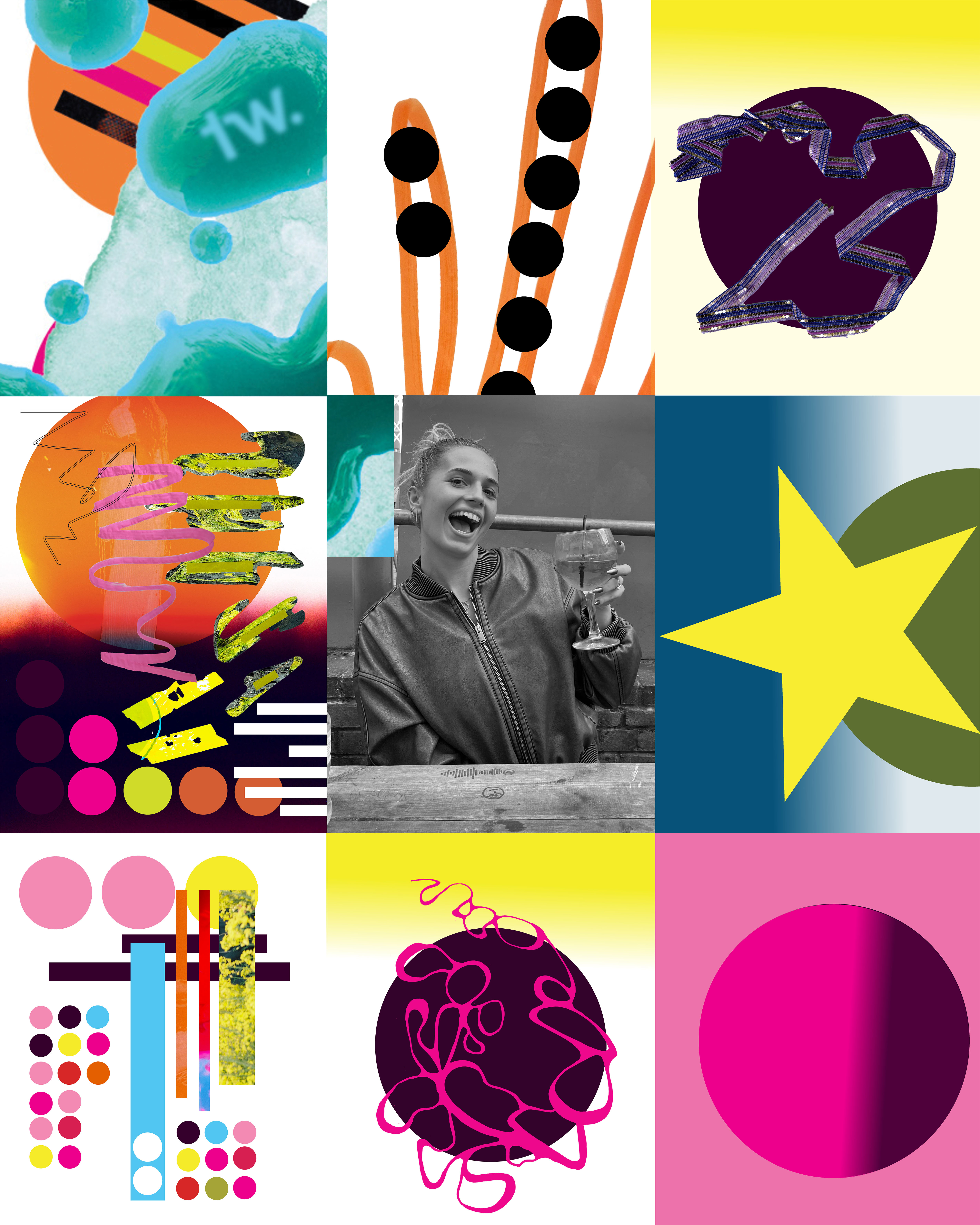 A collage of pop art style with a black and white image of a woman in the centre