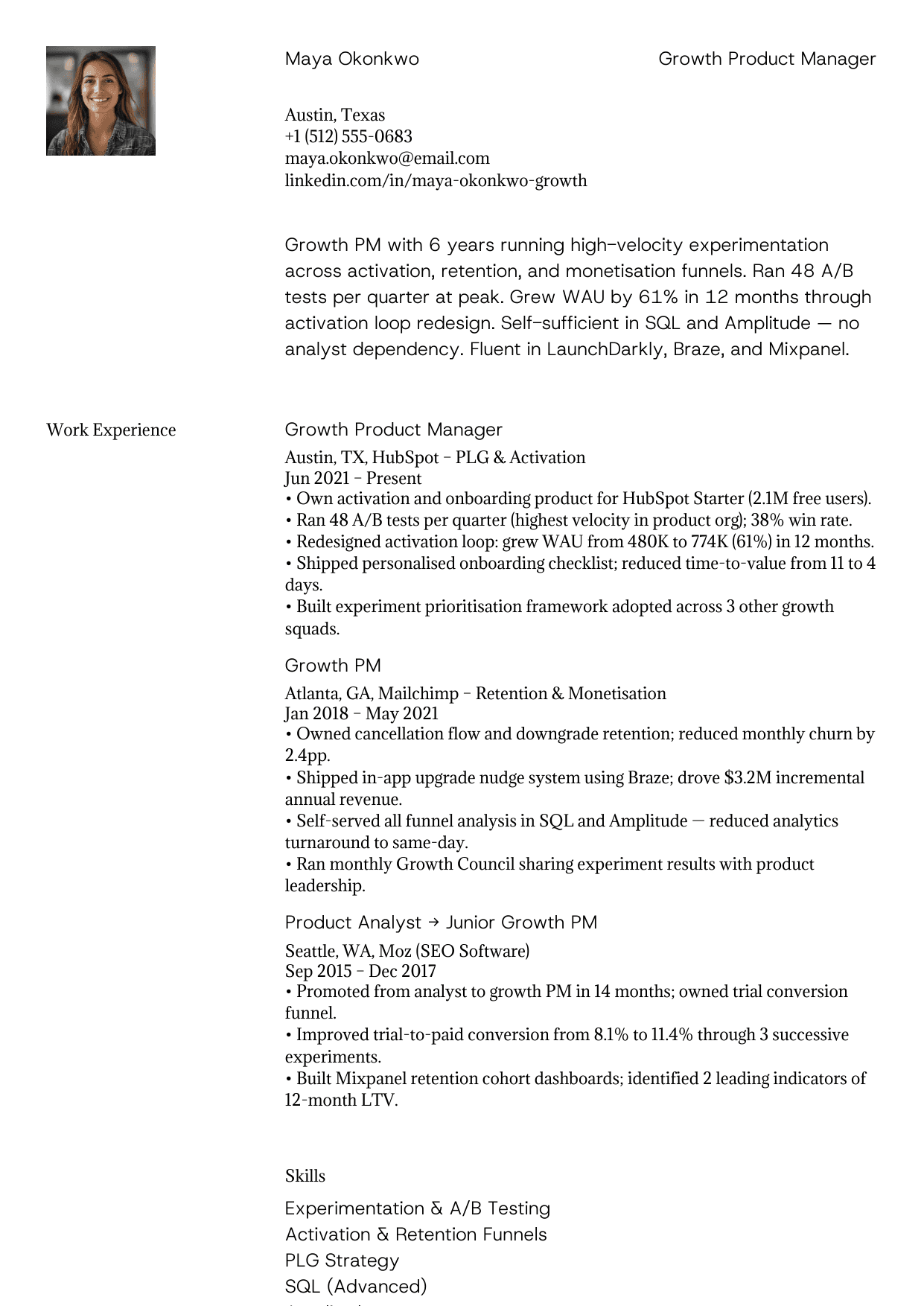 Growth product manager resume example