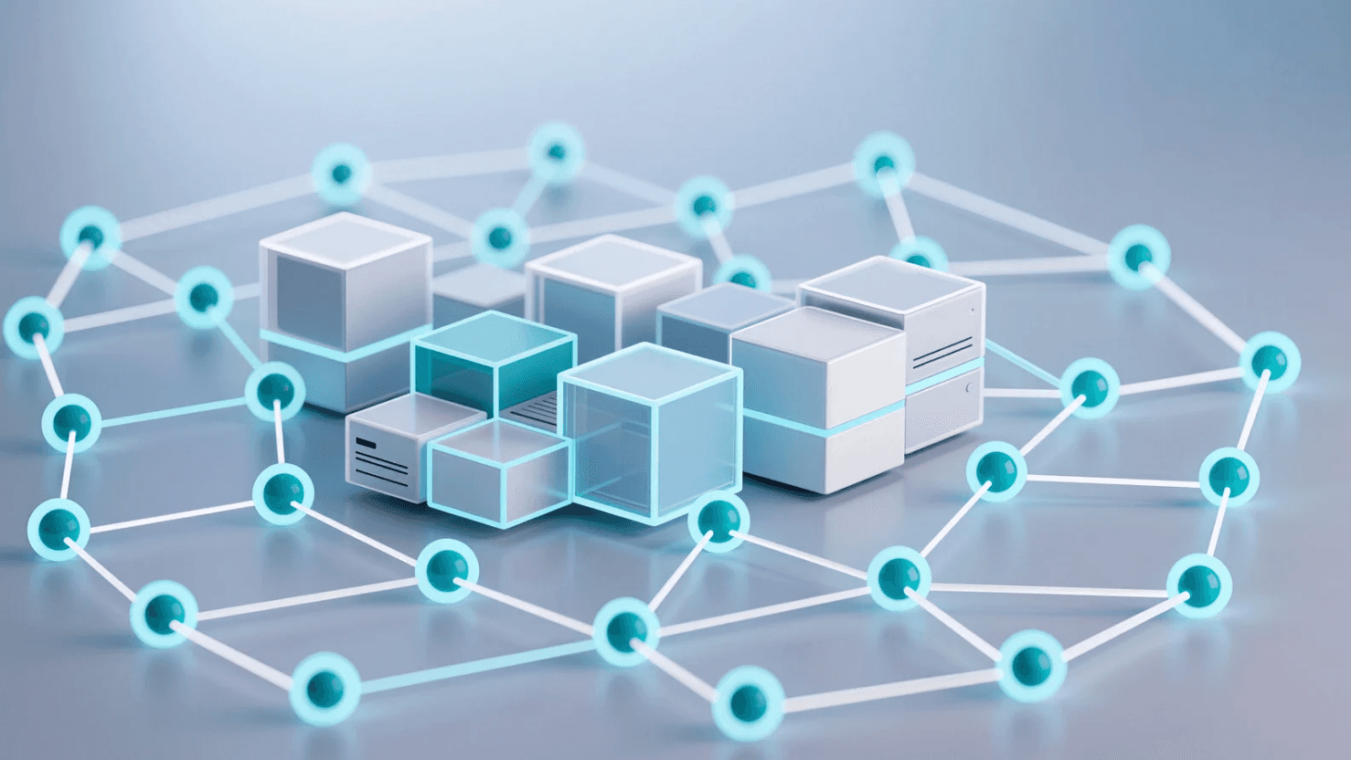 Connected network infrastructure with data blocks showing scalable Amazon advertising campaign management system