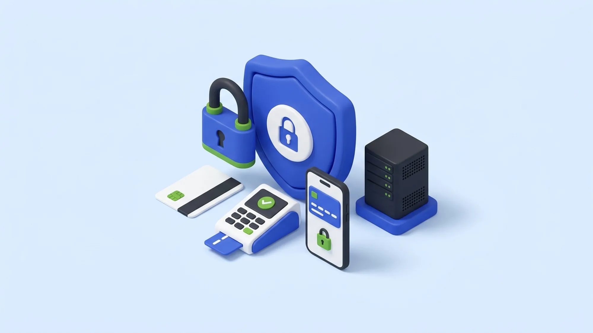 Illustration 3D de la conformité fintech (PCI-DSS, RGPD) d'une agence web à Maurice