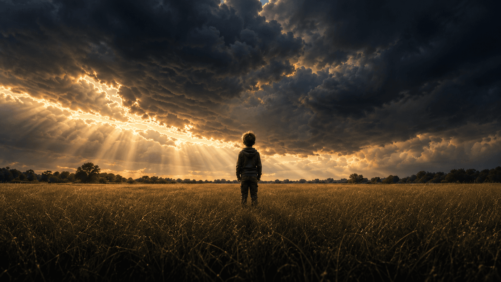Boy standing in a golden field beneath a dramatic sky