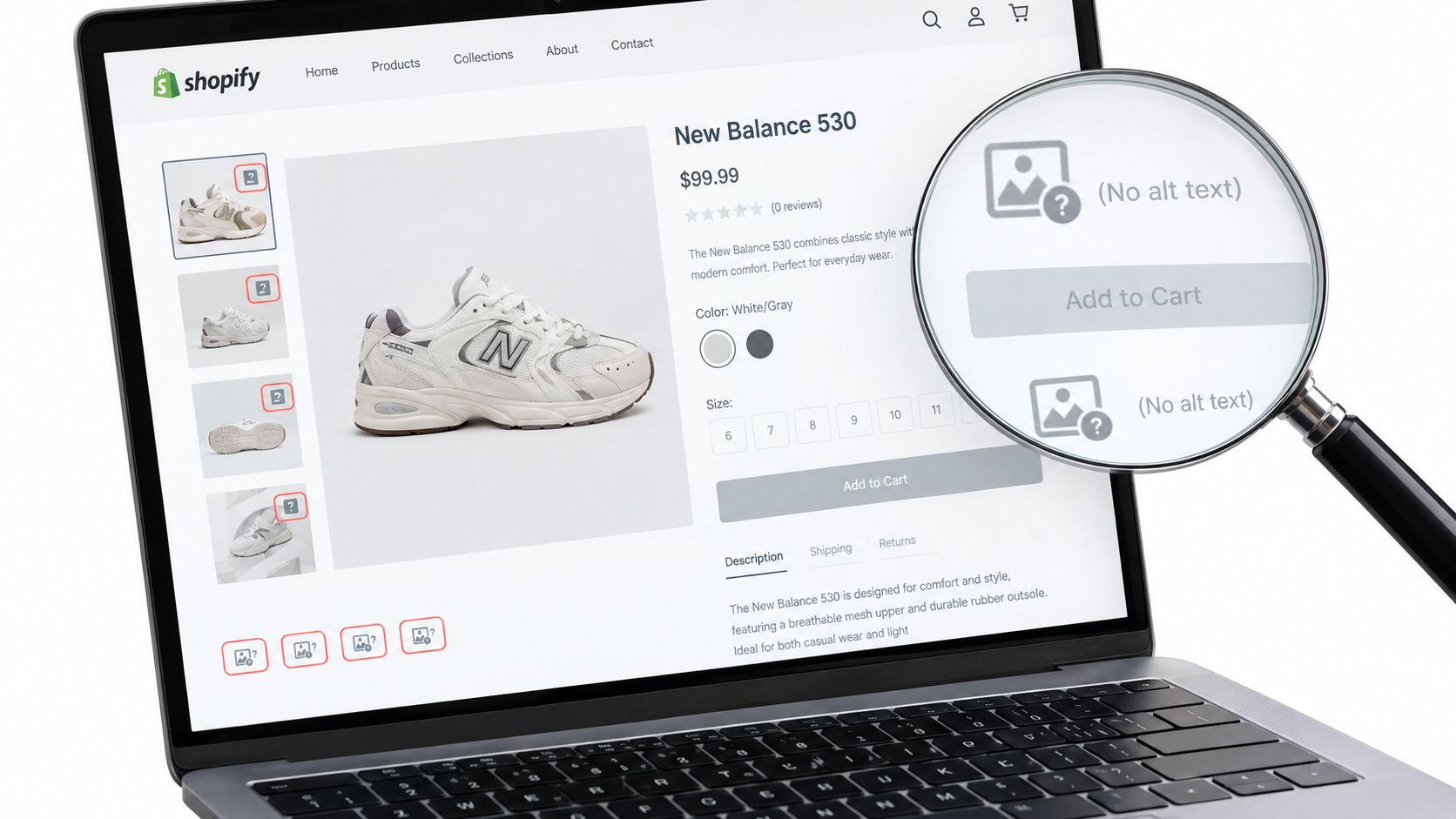 A magnifying glass inspecting images on a Shopify website to demonstrate missing alt text for accessibility.