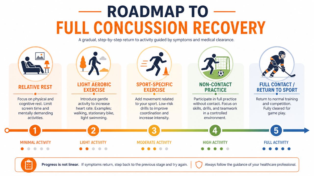 A five-step roadmap infographic for full concussion recovery, detailing stages from relative rest to returning to sports.