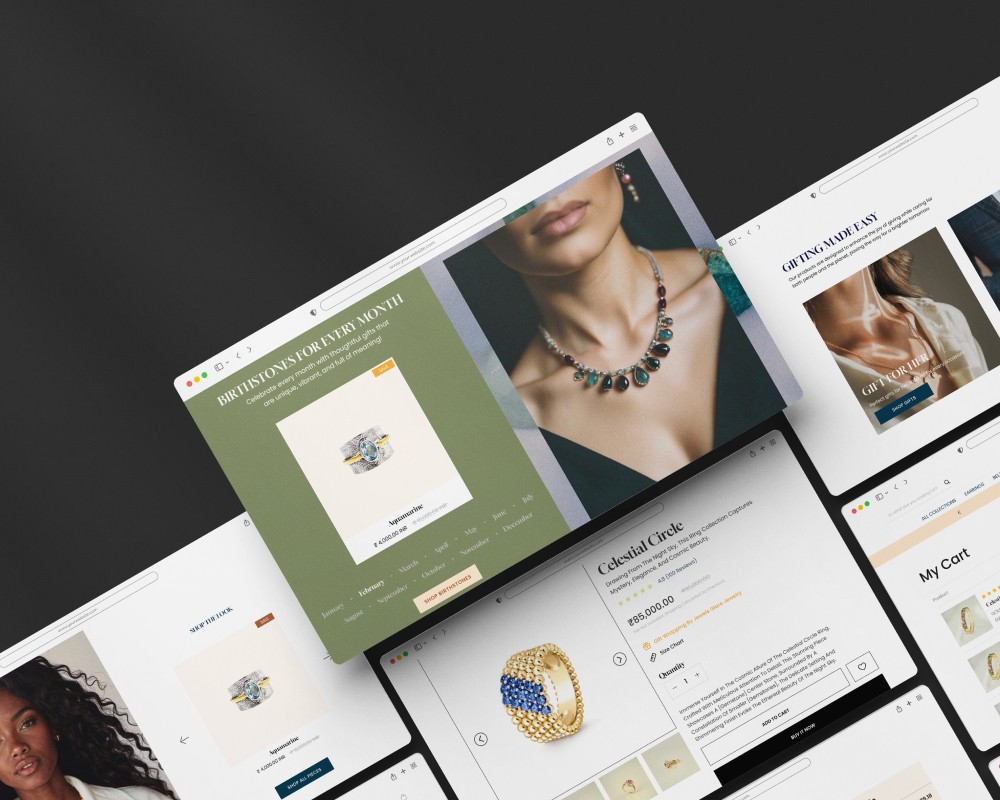 computer screens displaying a jewelry website with various sections including birthstones for every month, a detailed view of a necklace on a model, gifting made easy, a celestial circle ring product page, and a shopping cart.