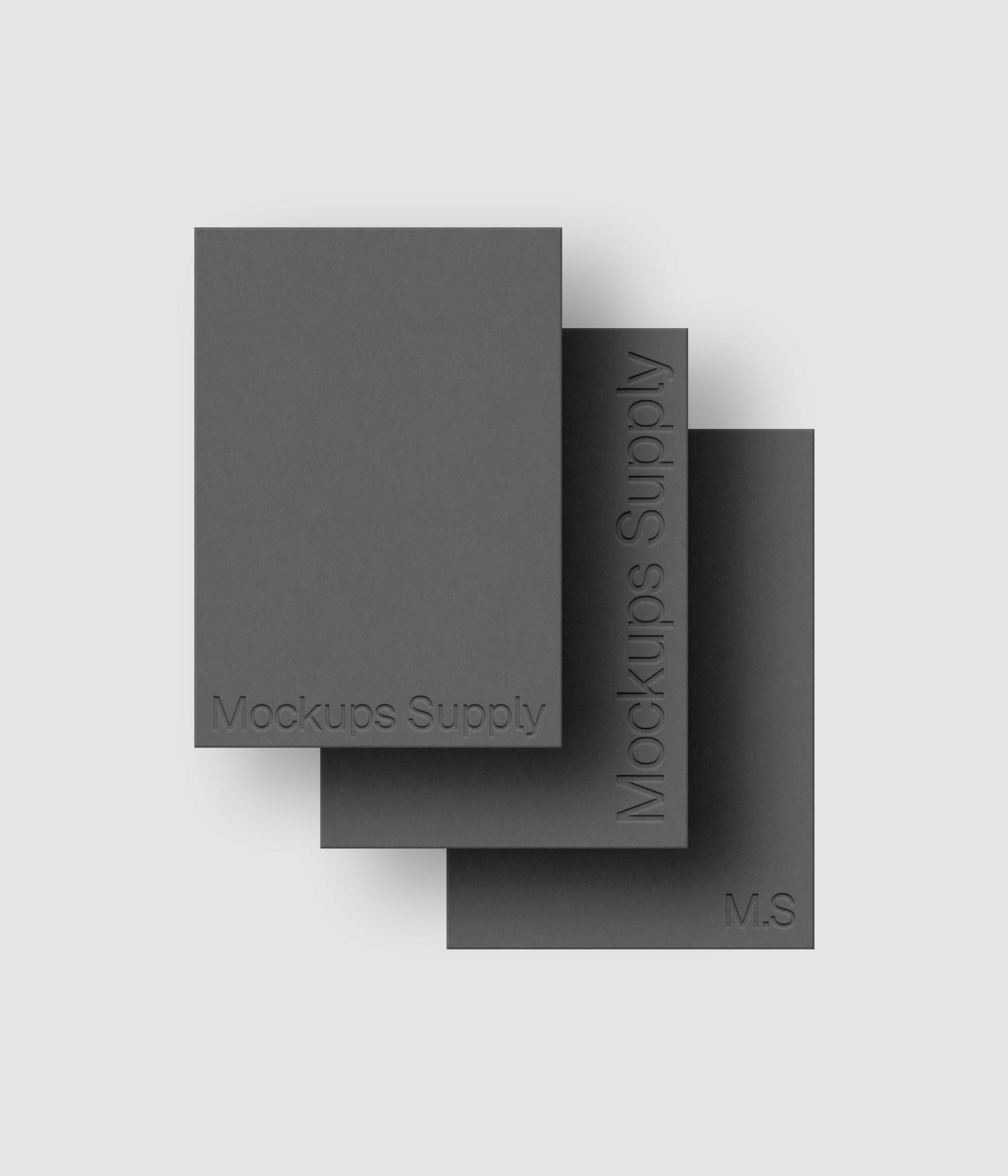 Three A5 paper mockup PSD portrait with debossed logo effect, gray papers on white background, modern minimal stationery mockup for print design and brand identity