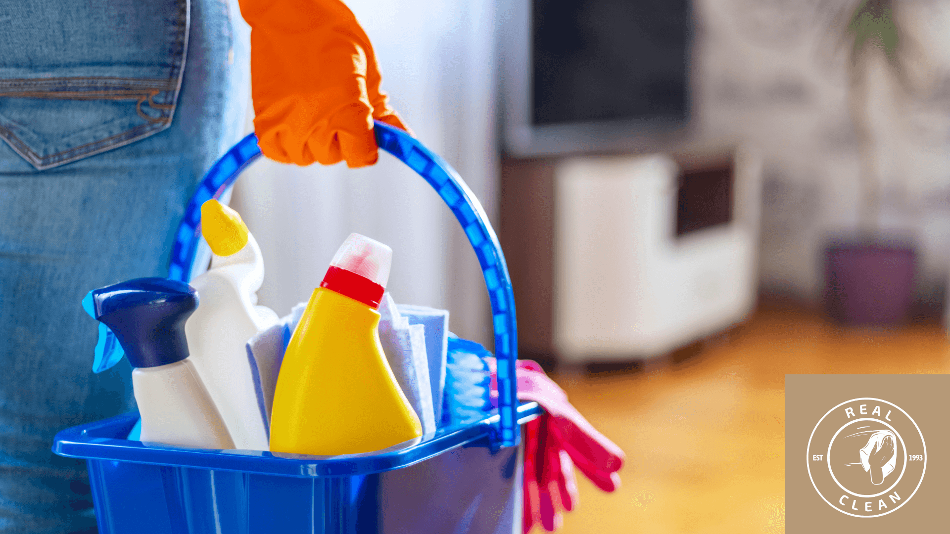 cleaning supplies in a basket