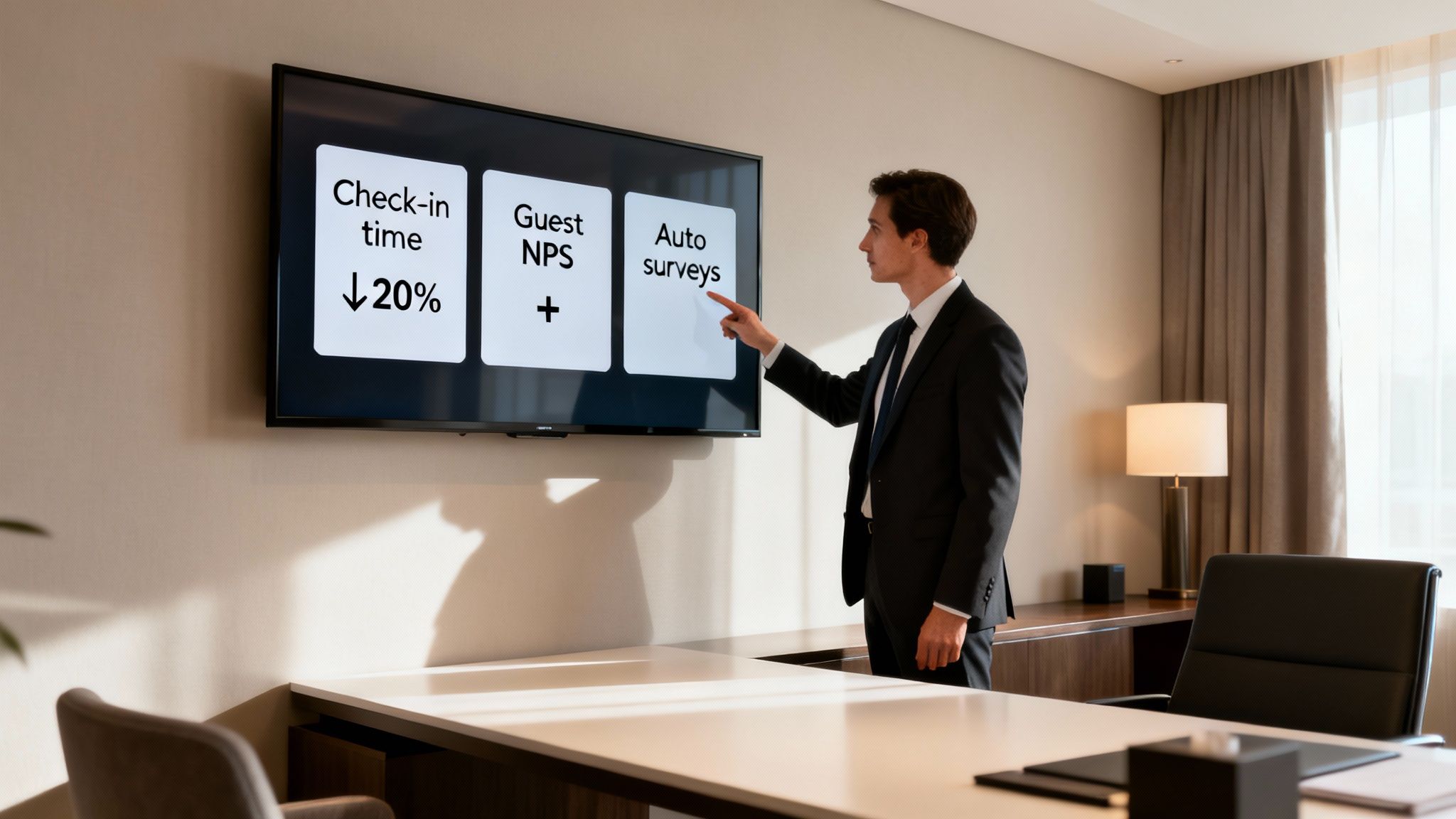 A businessman points at a screen displaying key hotel guest experience metrics.