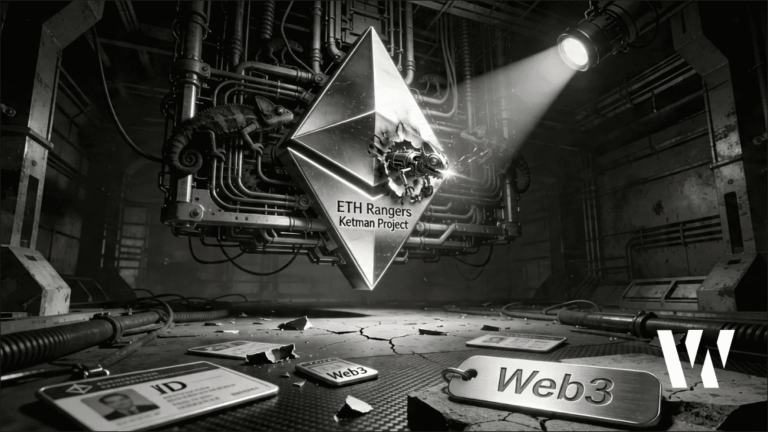 Conceptual Ethereum diamond logo structure infiltrated by mechanical parasites representing DPRK IT workers in Web3 organizations exposed by ETH Rangers, April 2026