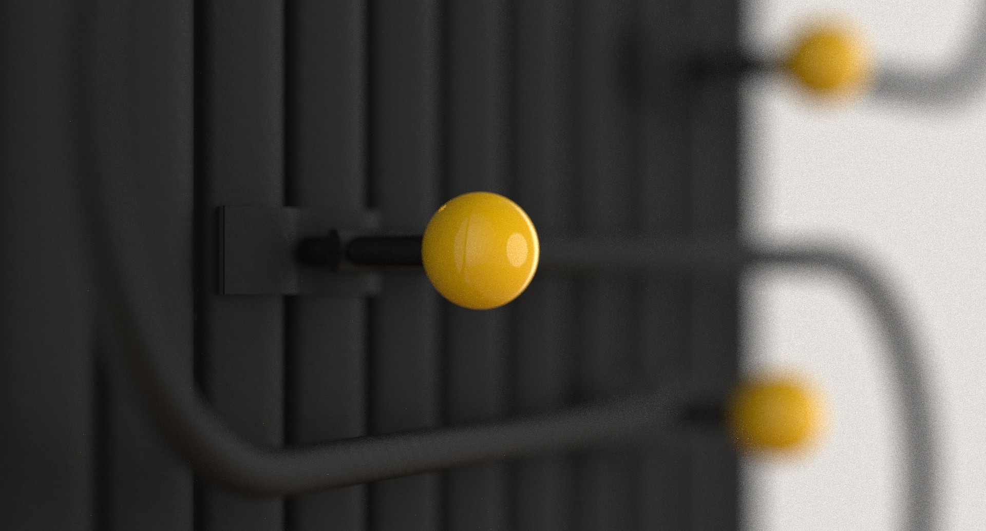 A 3d-rendered image showcasing a yellow oval object balanced atop a black, spring-loaded holder with two curved supports on a white background.