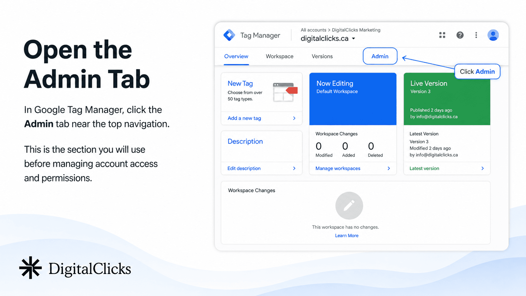 Google Tag Manager dashboard with the Admin tab highlighted in the top navigation.