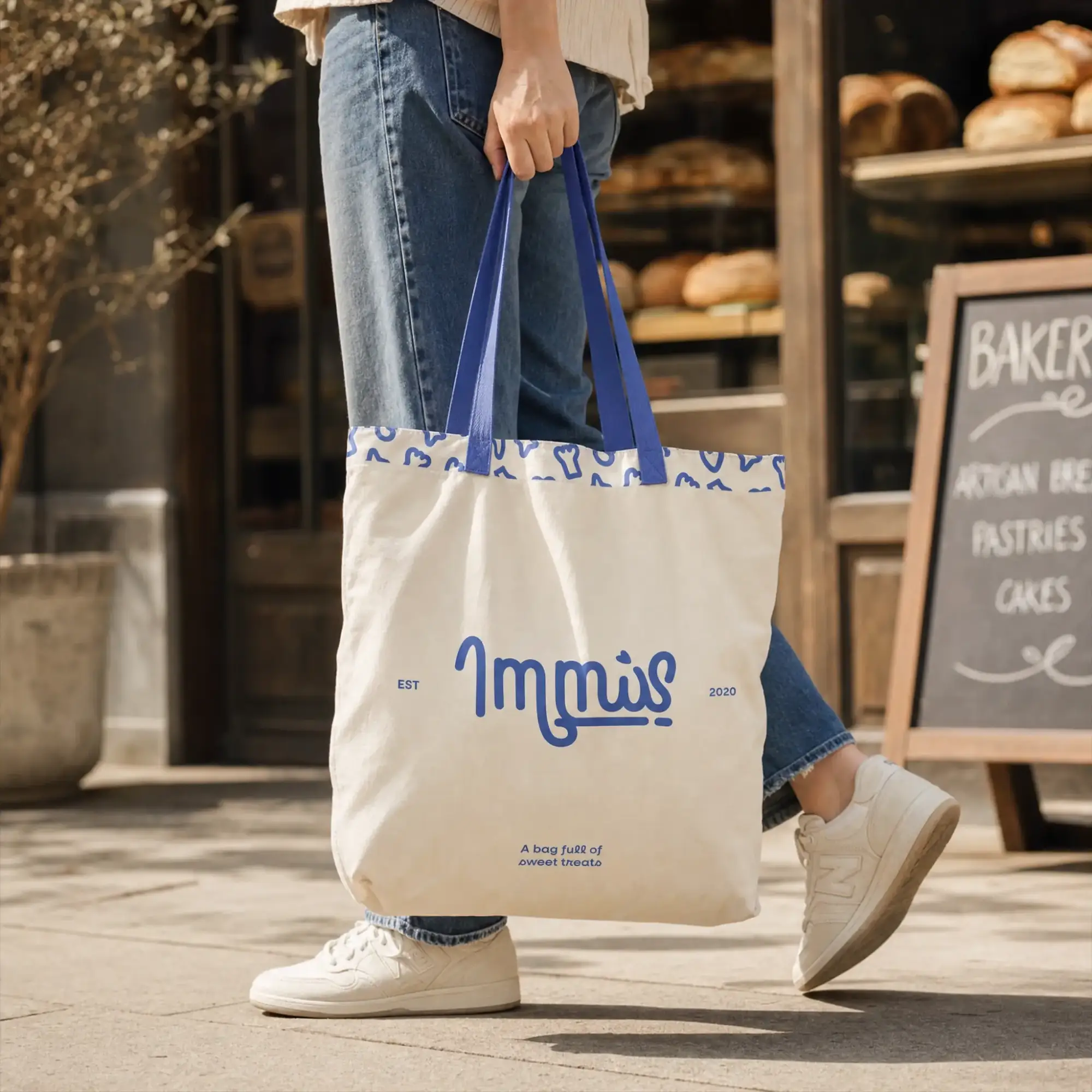 Customer carrying a cream Immis tote bag past a bakery chalkboard