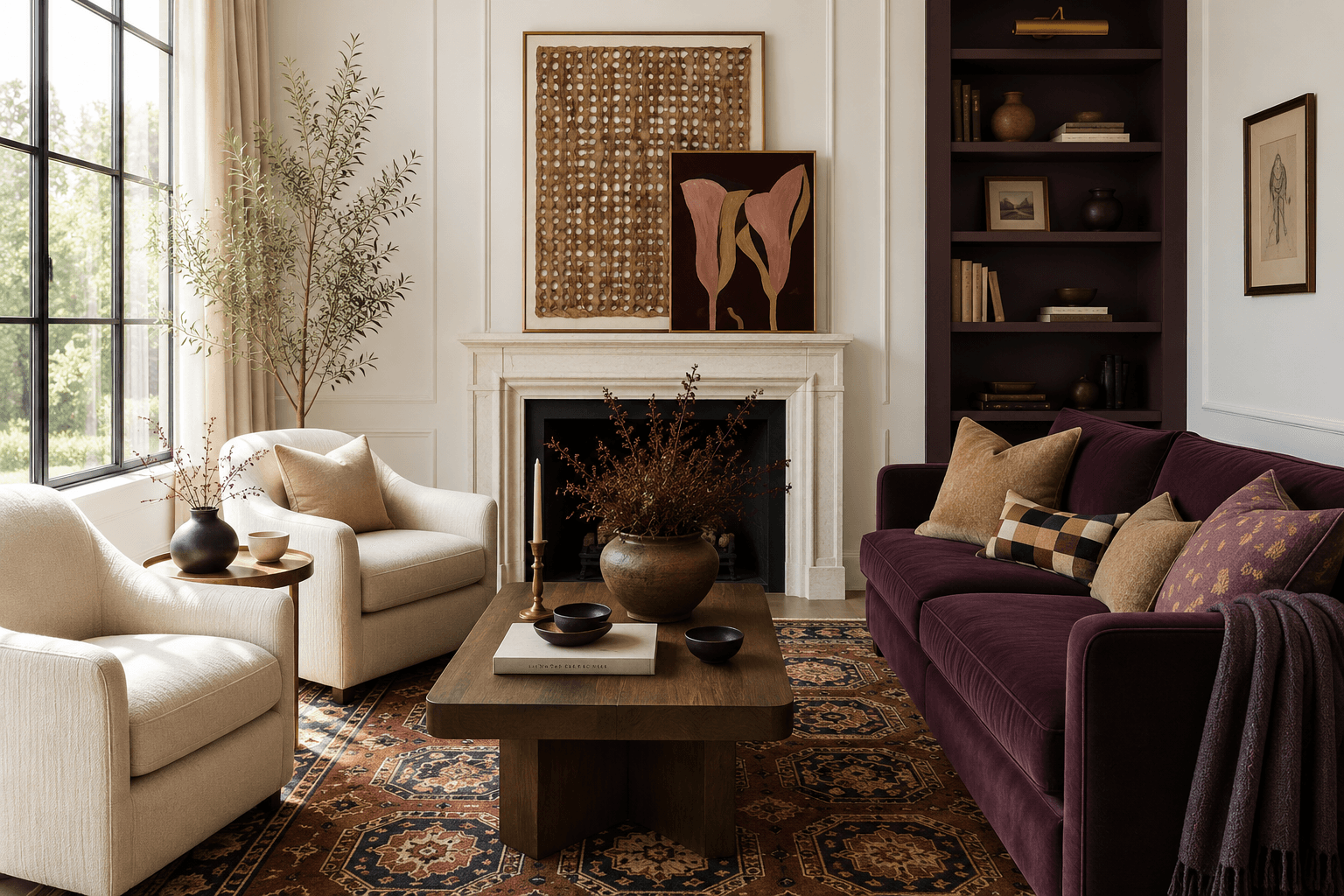 Modern living room with a deep purple velvet sofa, neutral throw pillows, abstract wall art, wooden coffee table with decorative vases, floor lamp, and natural light from large windows with sheer curtains. Contemporary home interior design inspiration.