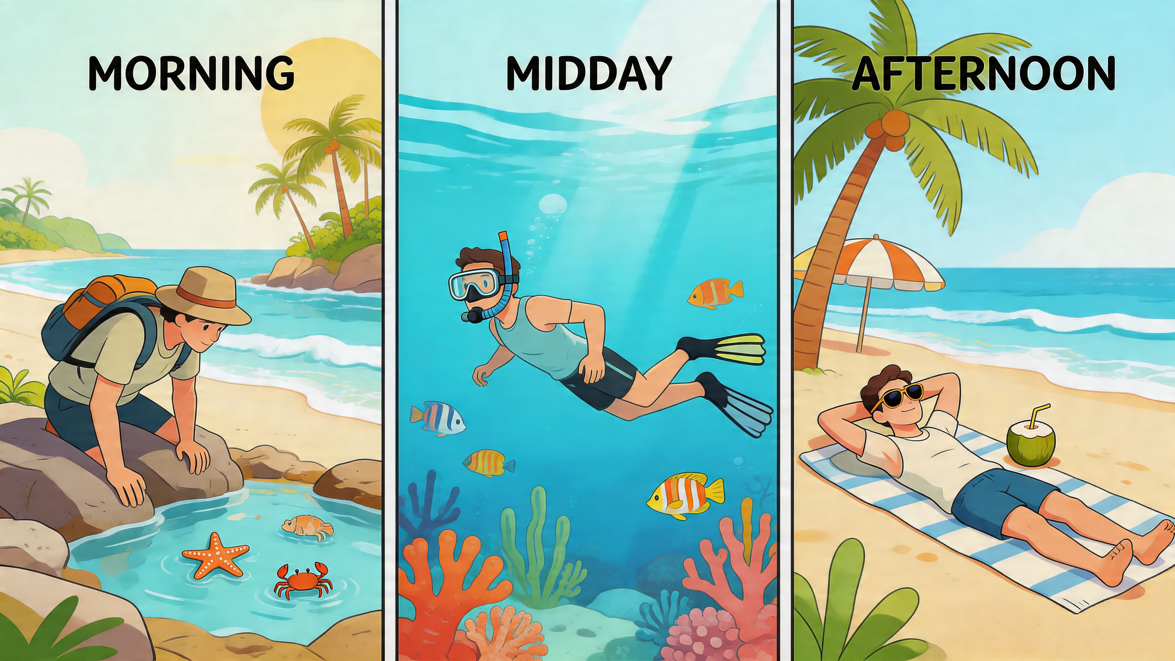 A three-panel illustration showing a man exploring tide pools, snorkeling, and relaxing on a sunny beach.