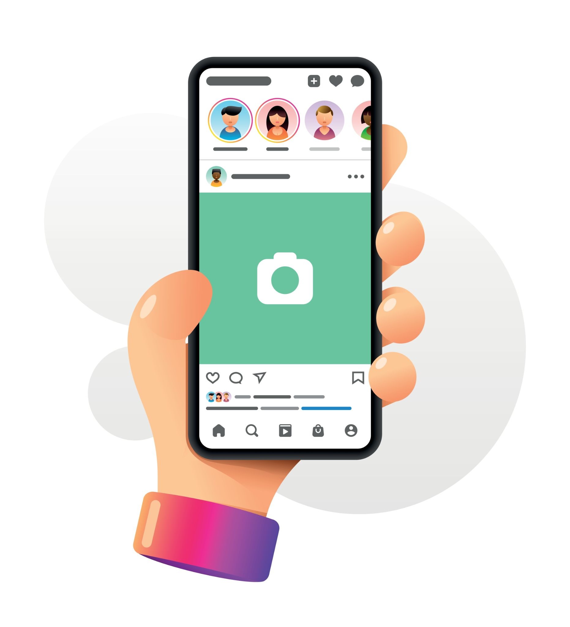 Hand holding a smartphone displaying an Instagram-style creator post feed