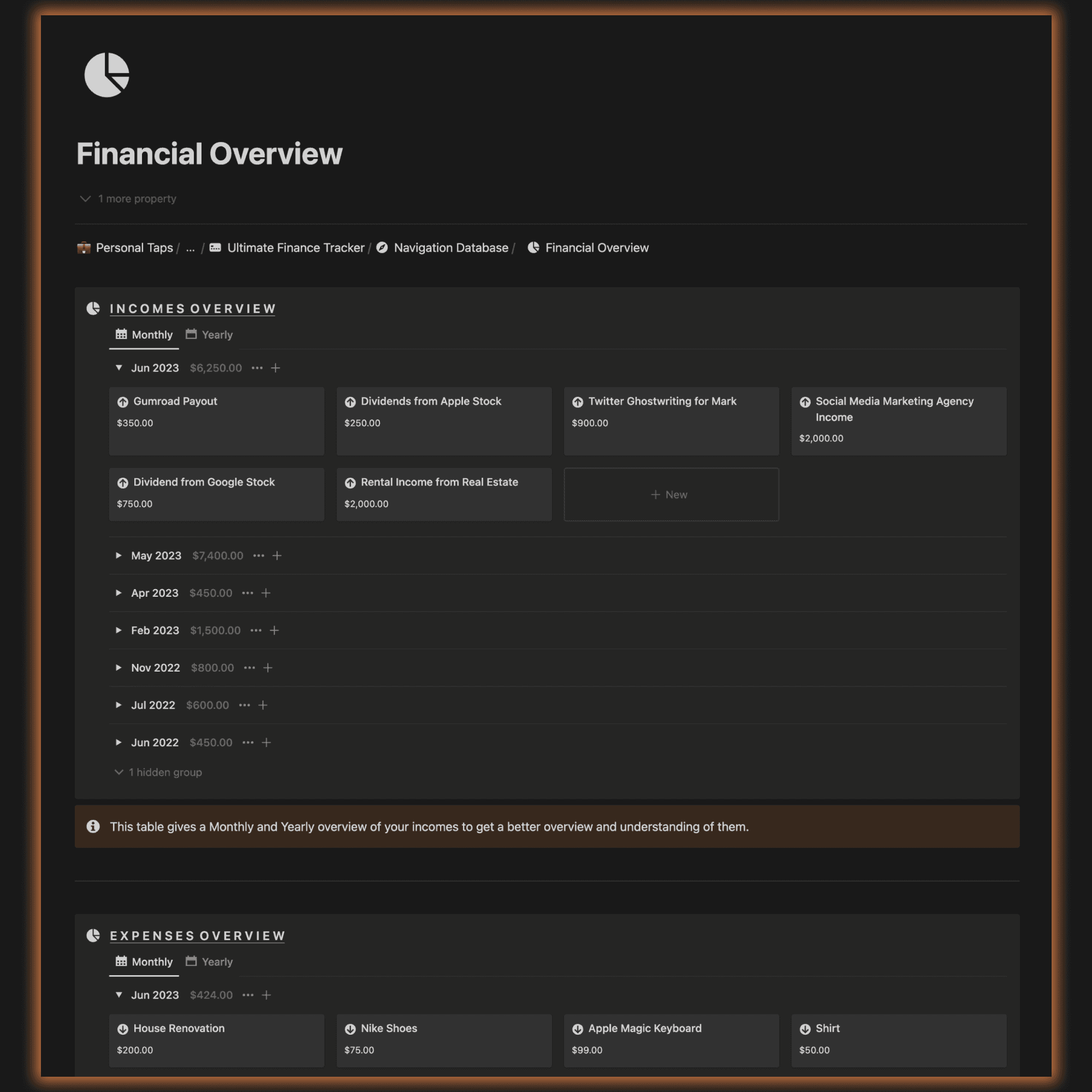 Track finances overview using Notion