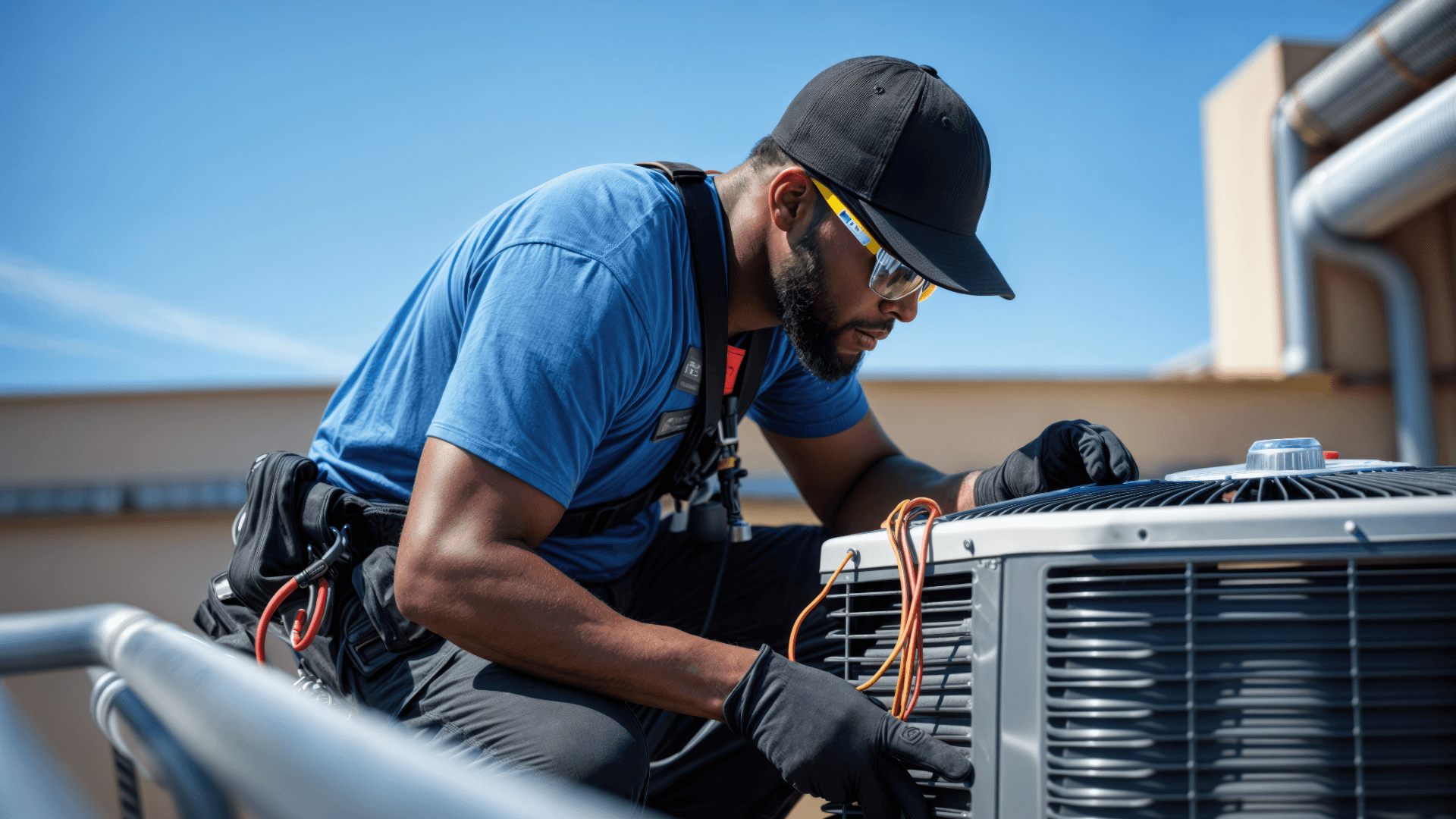 HVAC technician carrying out diagnostic work on an outdoor air conditioning condenser unit, checking wiring and system performance.