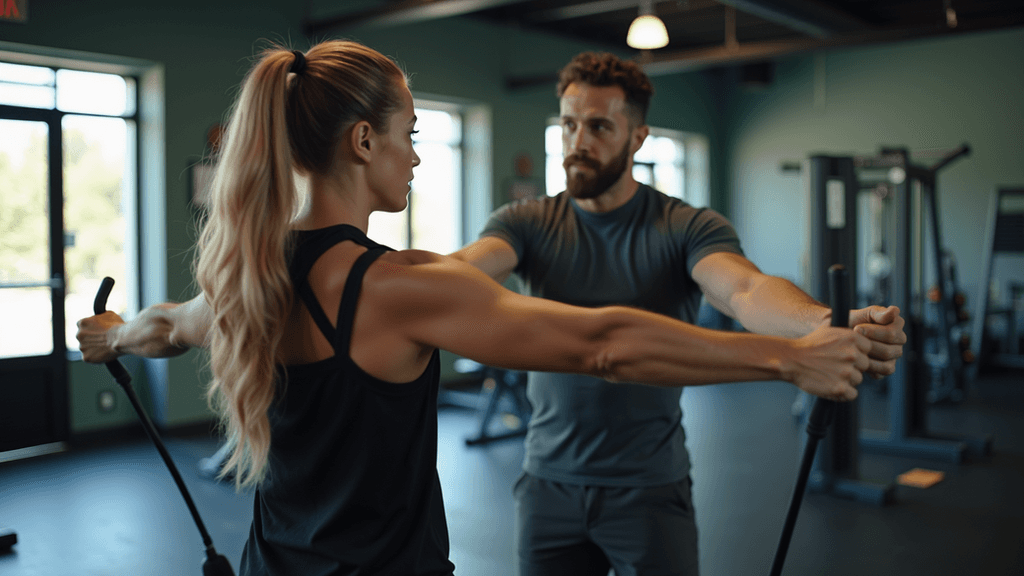 Eye-level view of a personal trainer guiding a client through exercises in a gym
