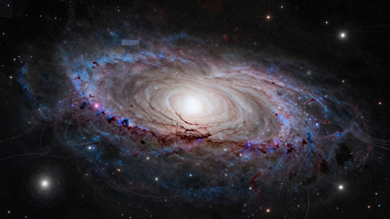 Andromeda galaxy with abstract data flow visualization.