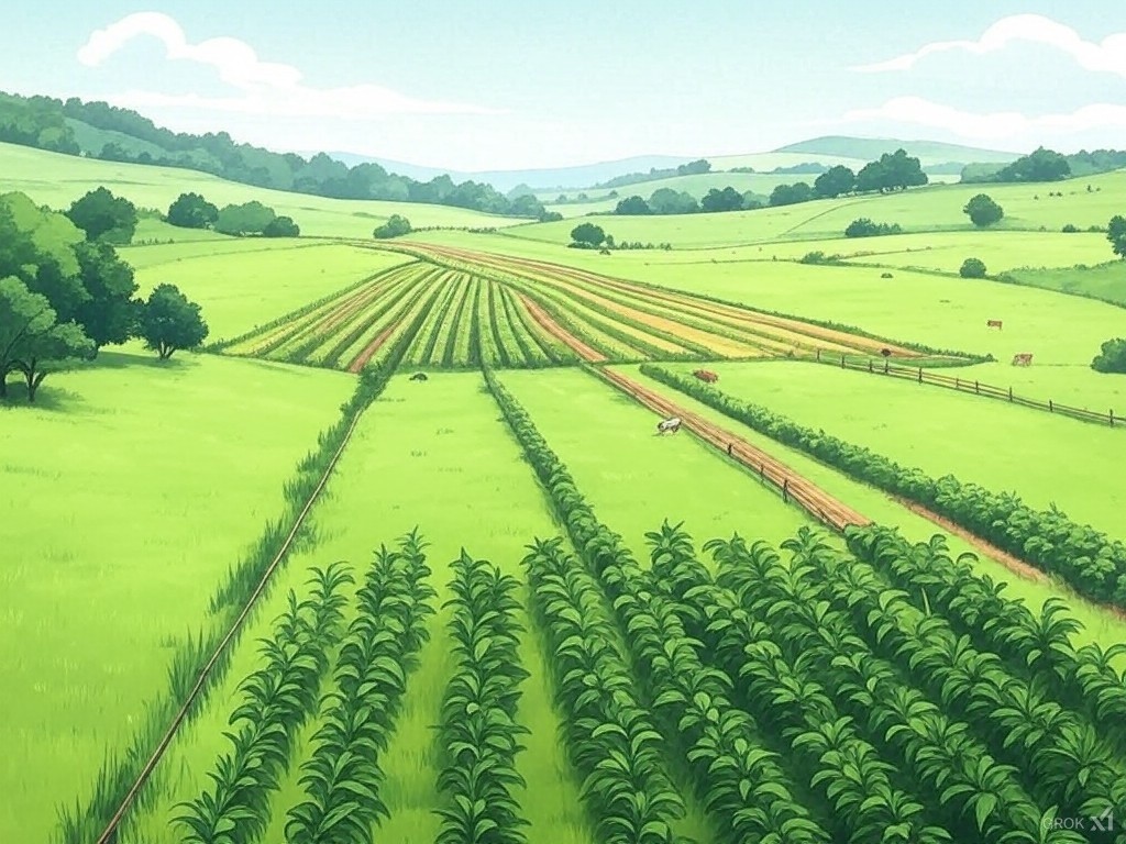 Open field with plantation and in the background land being prepared for agriculture