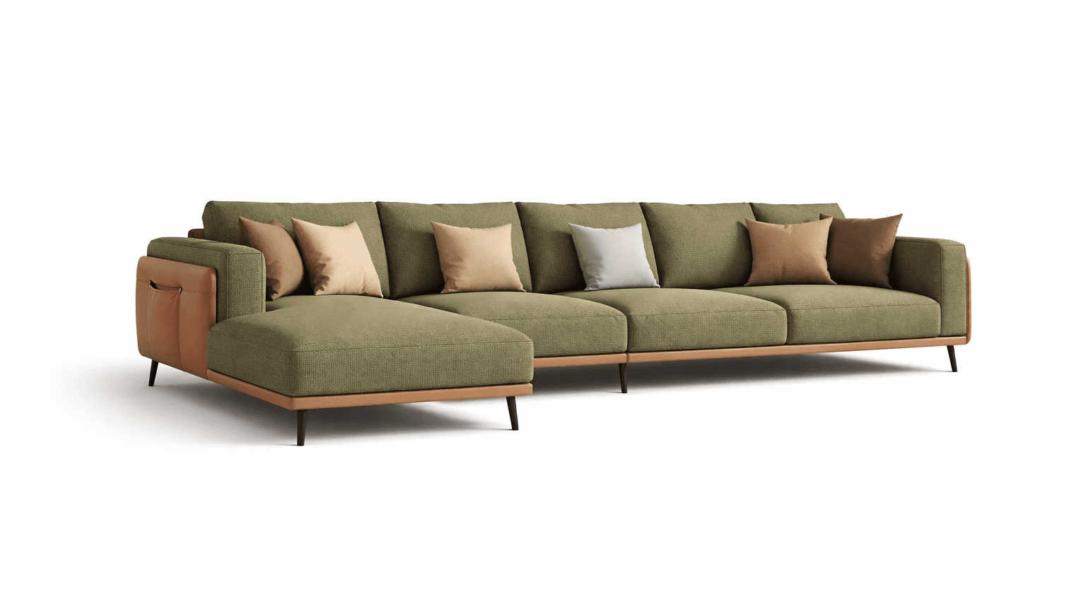Soft green upholstered sofa with extended chaise and clean modern lines