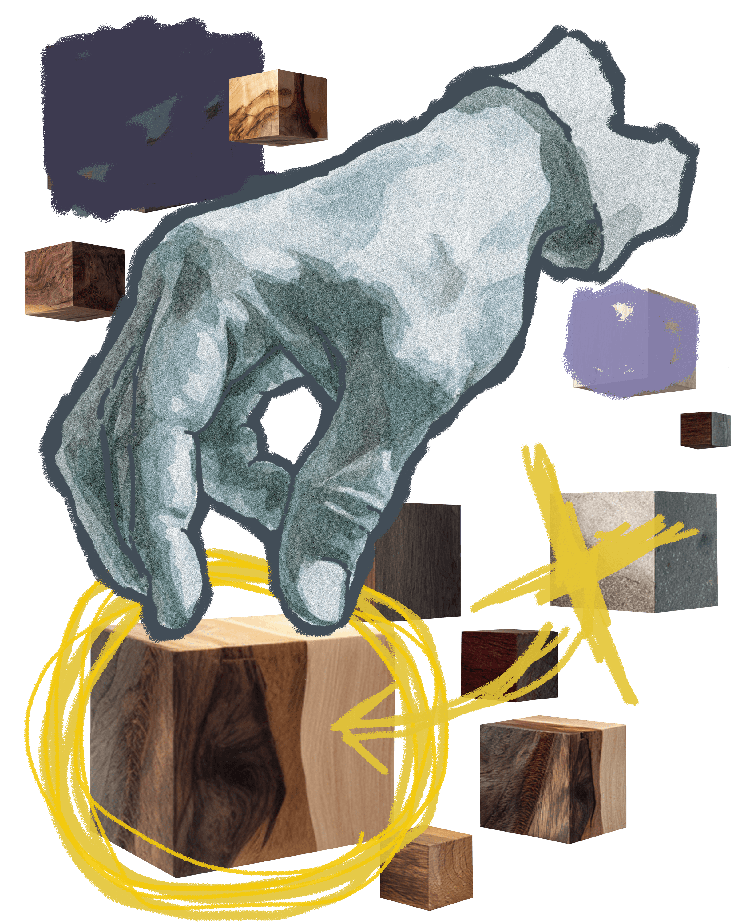 Illustration of a hand reaching for a wood block, surrounded by various cubes of wood with highlights and arrows.