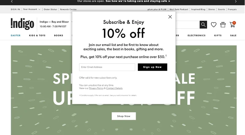 Indigo Email Opt-in Website Pop-Up example