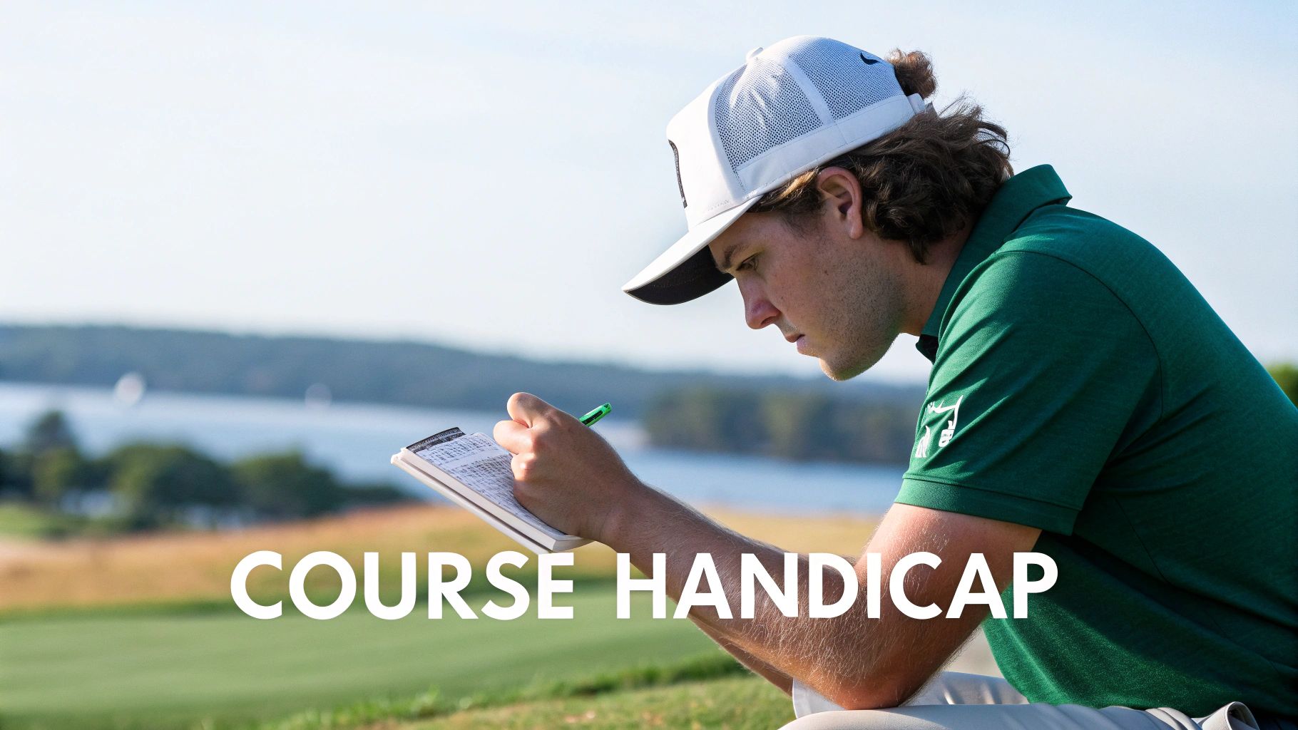 A male golfer in a cap diligently writes on a scorecard to calculate his course handicap.