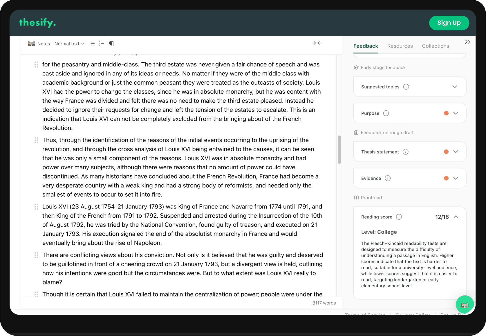 screenshot of thesify's readability score with level