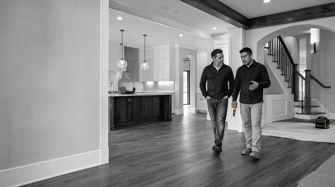 Property owner and construction professional walking through a near-finished open-plan home renovation.