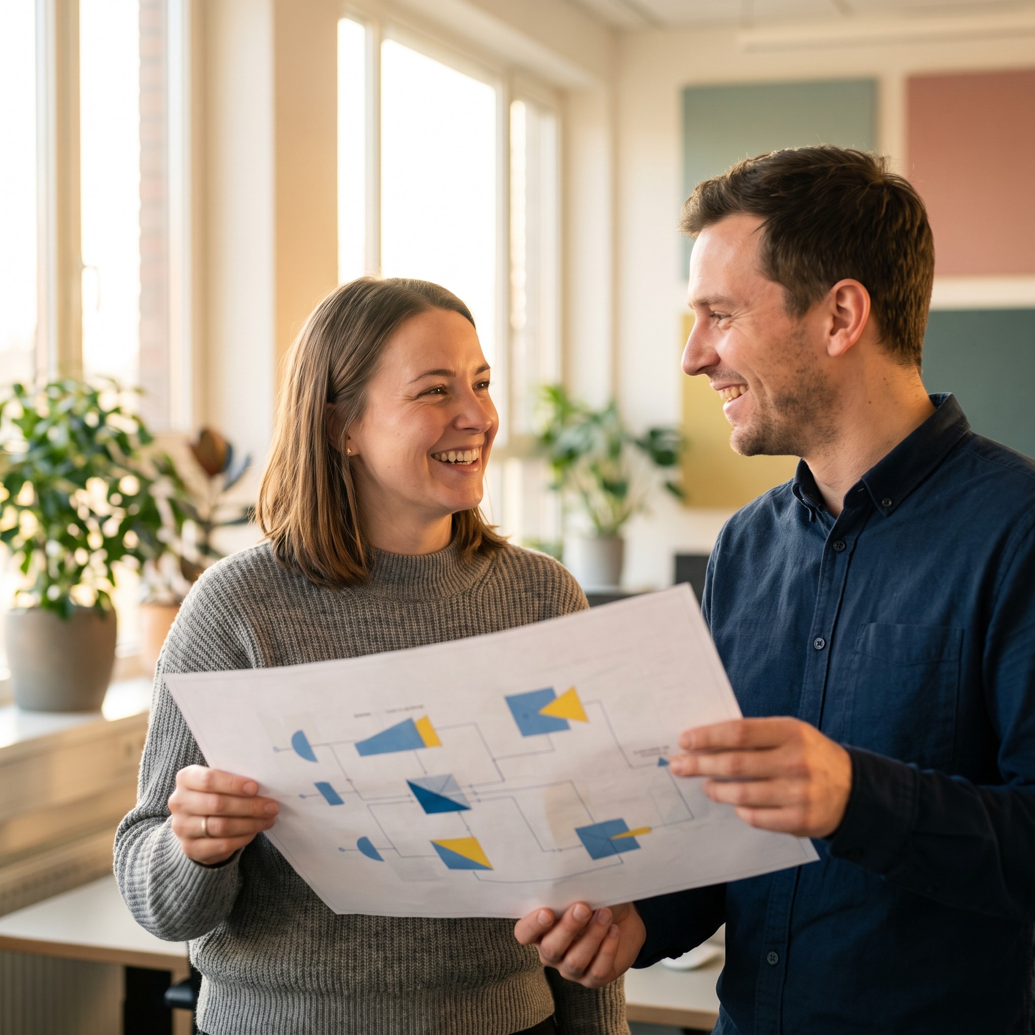 A realistic close-up photography of creative office scene with 2 casual people smiling collaborate at the flowchart, featuring blurred yellow and teal decor and a relaxed atmosphere.
