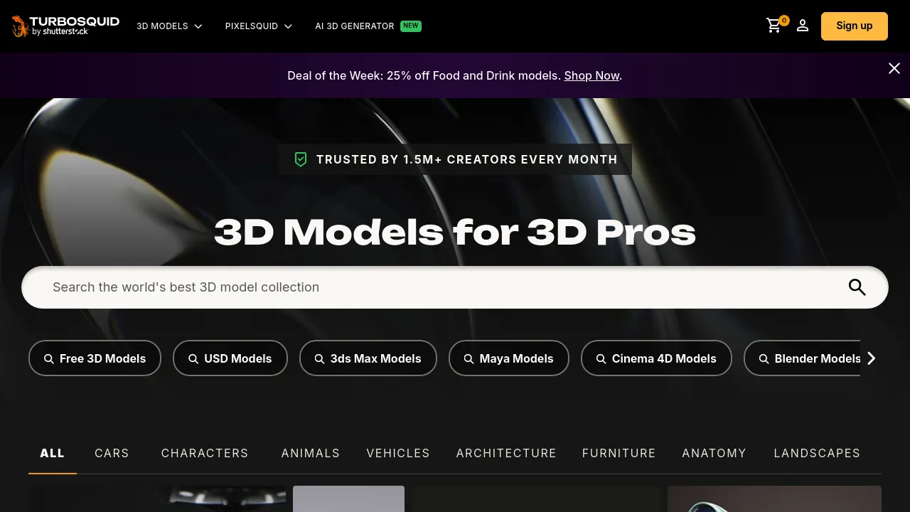 Screenshot of the TurboSquid website featuring online marketplace for 3D models and assets