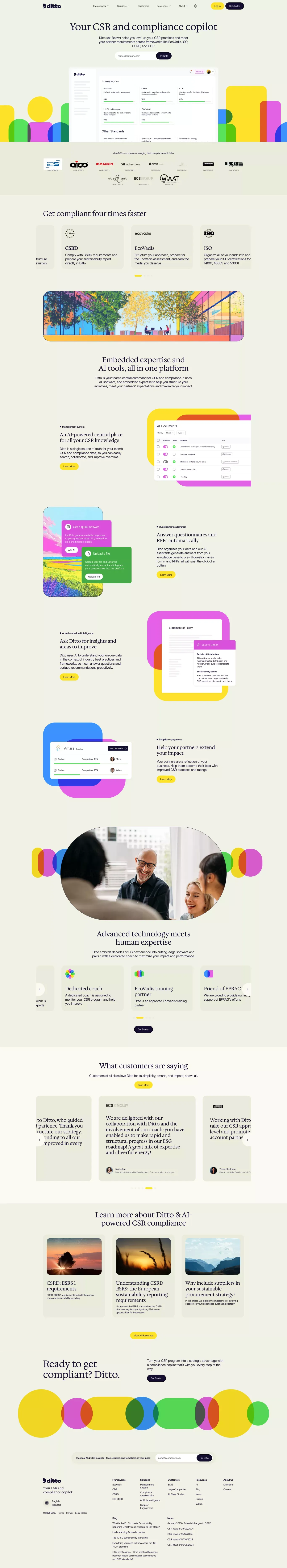 Ditto – CSR & Compliance with AI landing page screenshot showcasing Tech design