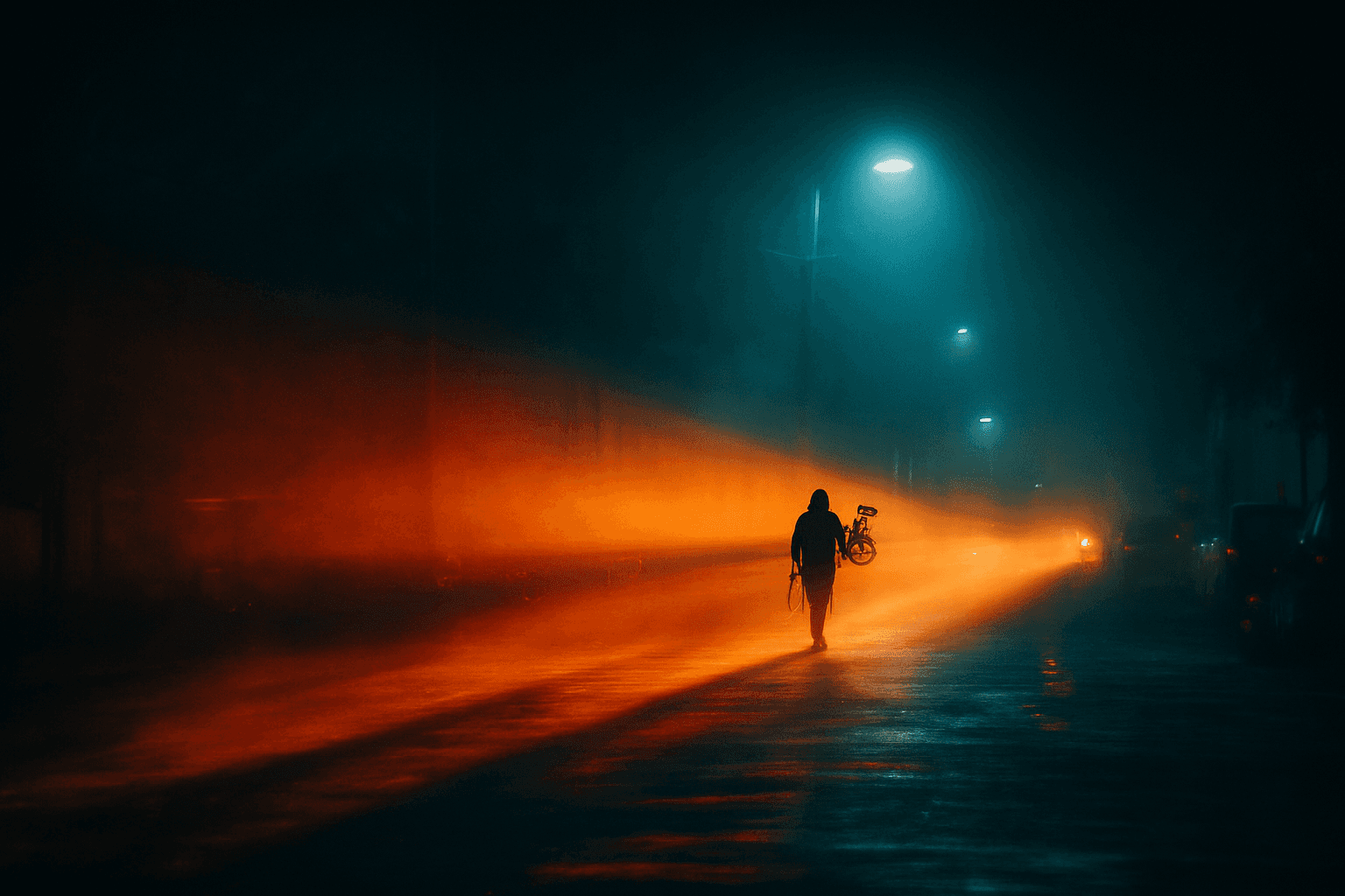 Silhouette of a person with a camera walking towards vibrant orange light under dim blue streetlights on a misty road at night. Mysterious and atmospheric.