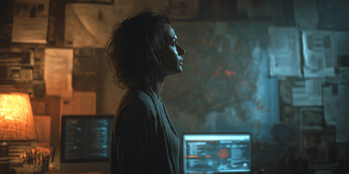 Researcher in a dimly lit room surrounded by maps and computer screens, investigating Satoshi's origins.