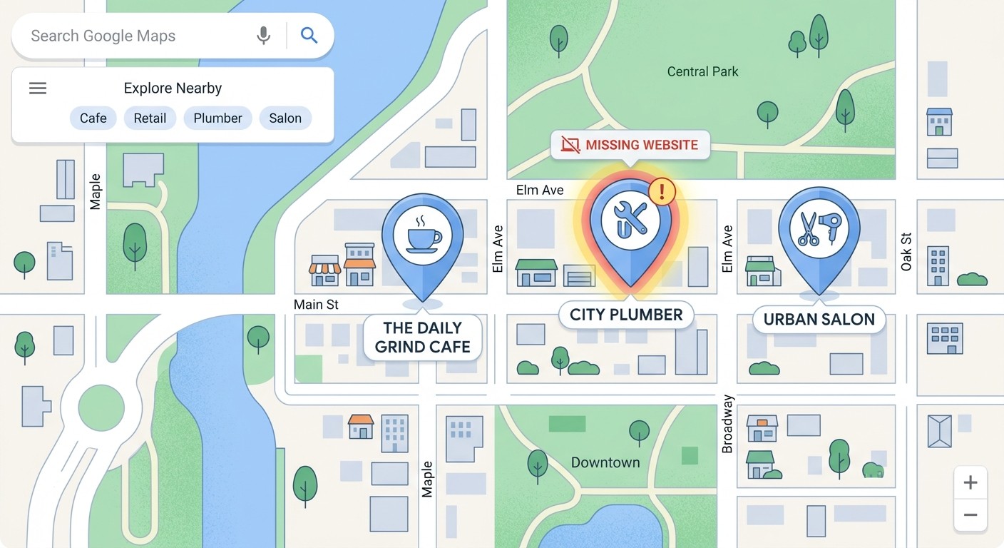Google Maps style view of local shops with one business pin flagged as missing a website