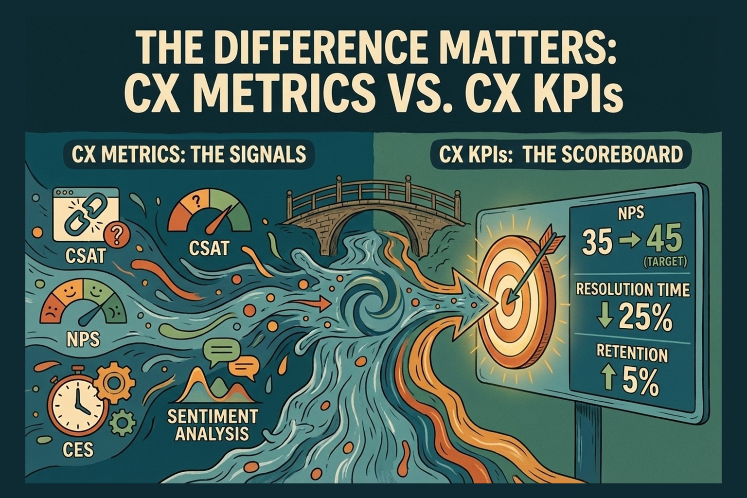 Illustration explaining the difference between CX metrics and CX KPIs, showing customer experience metrics like CSAT, NPS, CES, and sentiment flowing into measurable business targets and outcomes.