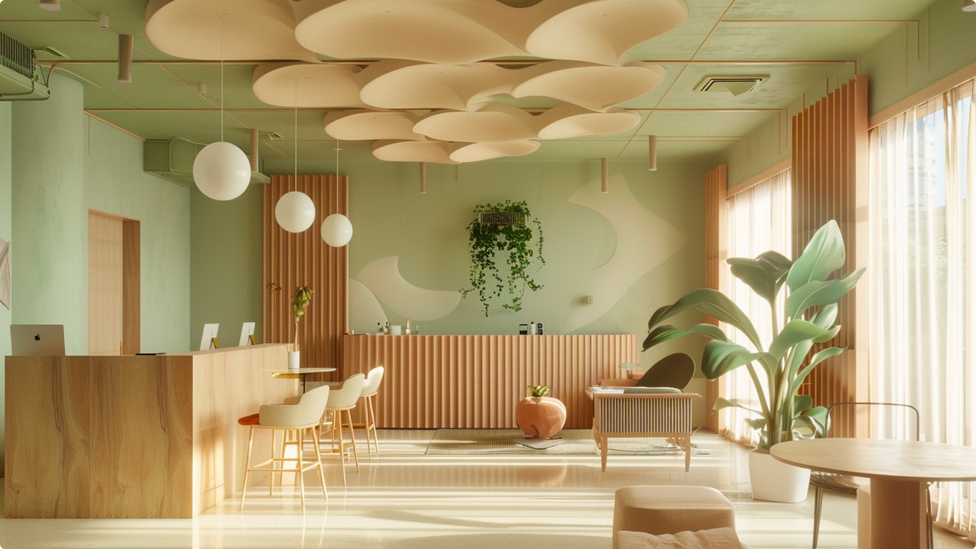 A serene bedroom with purple tones, a minimalist bed, wooden nightstands, and soft natural lighting.