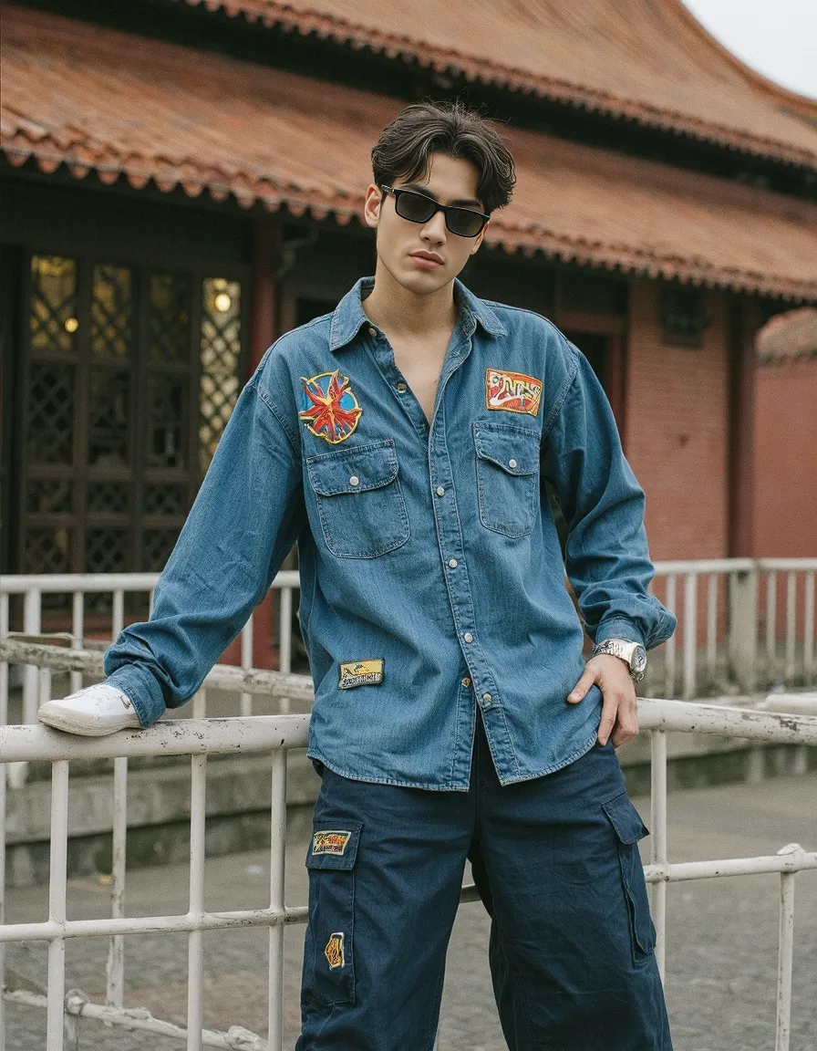 Stylish denim outfit featuring embroidered patches against traditional Asian architecture, showcasing contemporary street fashion