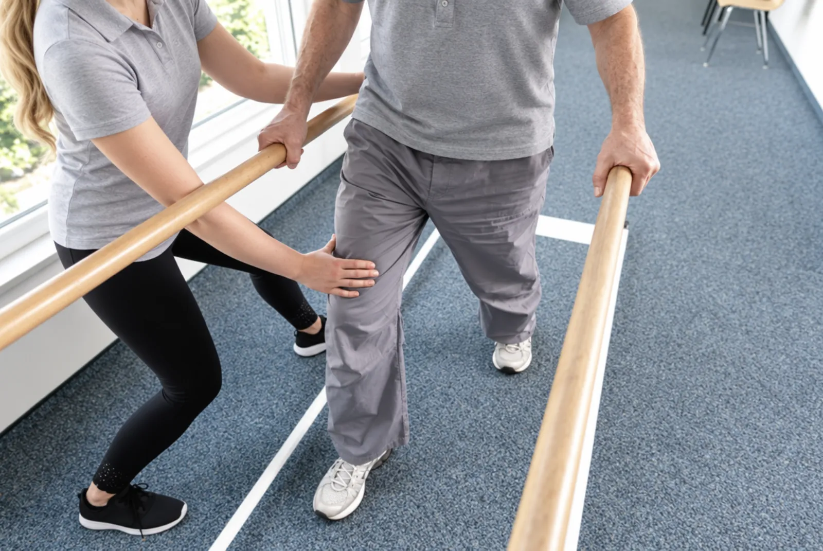 Physiotherapist guiding a client through a floor exercise