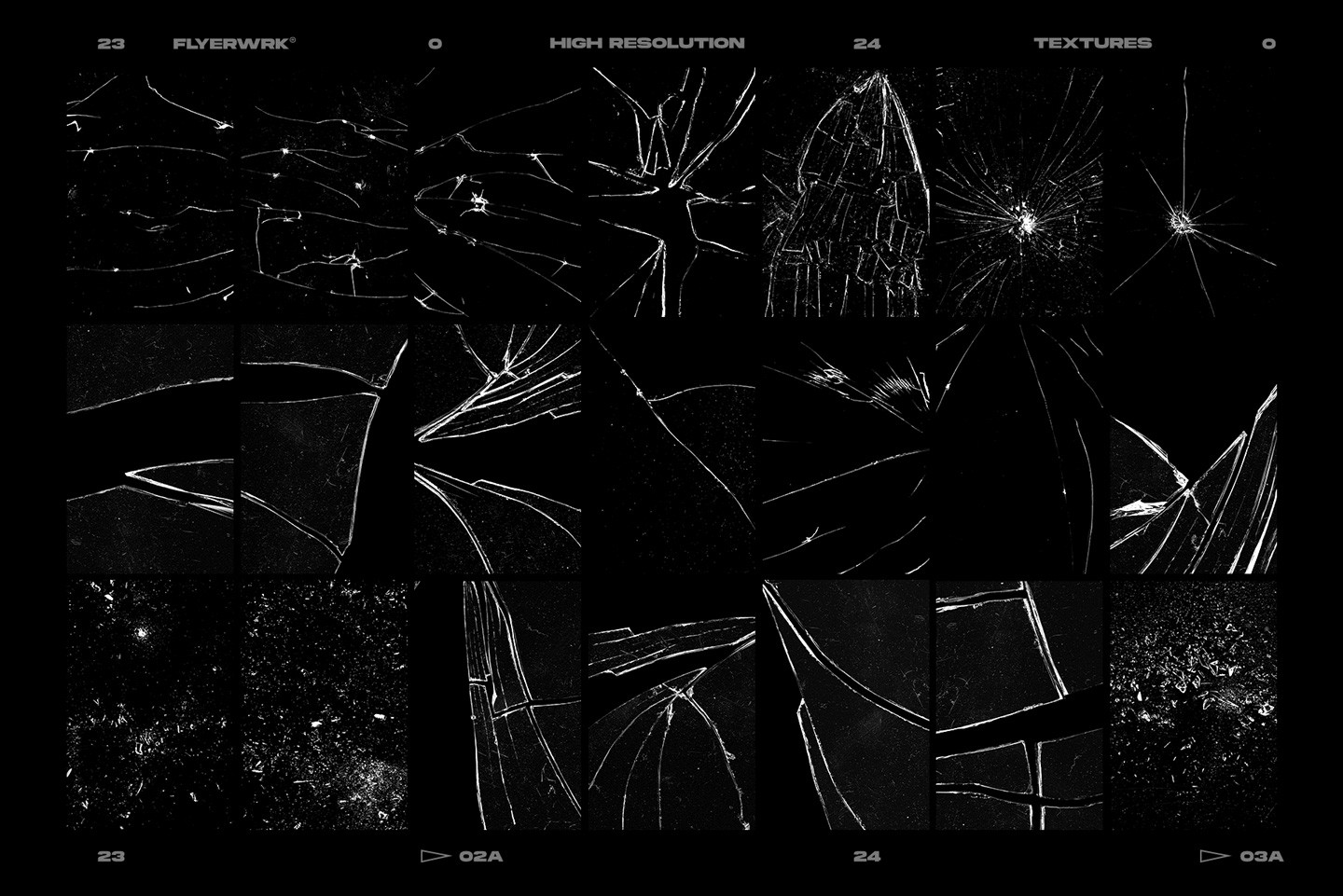 Grid of twenty four broken glass textures showing various shattered patterns and cracked surface details