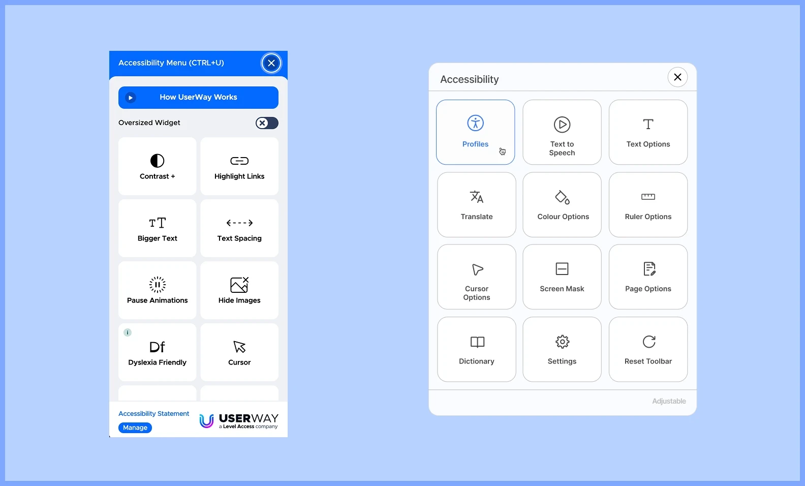 Toolbar comparison screenshots - UserWay vs Adjustable