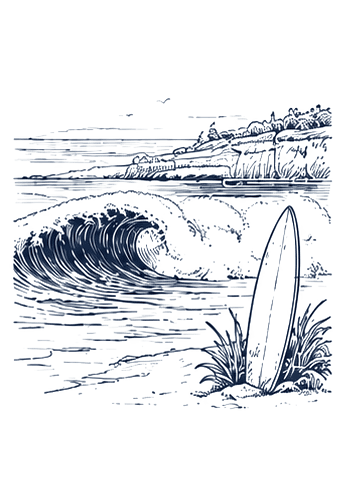 Navy line illustration of an Atlantic wave and surfboard along Portugal’s Silver Coast.
