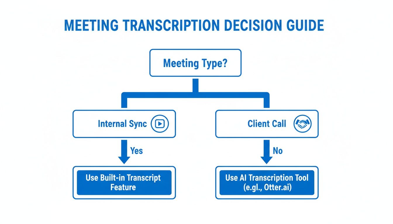 Meeting transcription decision guide flowchart, recommending tools based on internal sync or client calls.