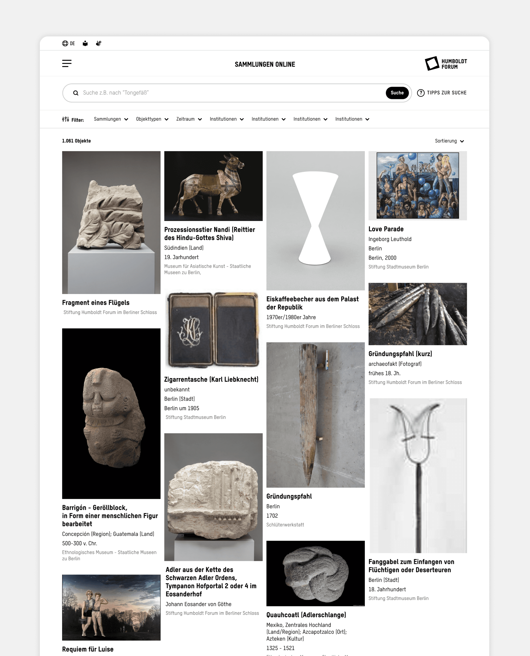 Ansicht der Webseite mit Suchergebnissen zu den Exponanten der Sammlung.