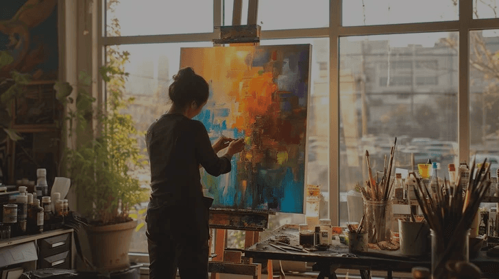 Woman painting on a canvas surrounded by paintbrushes, color palettes, and art supplies in a creative studio setting.